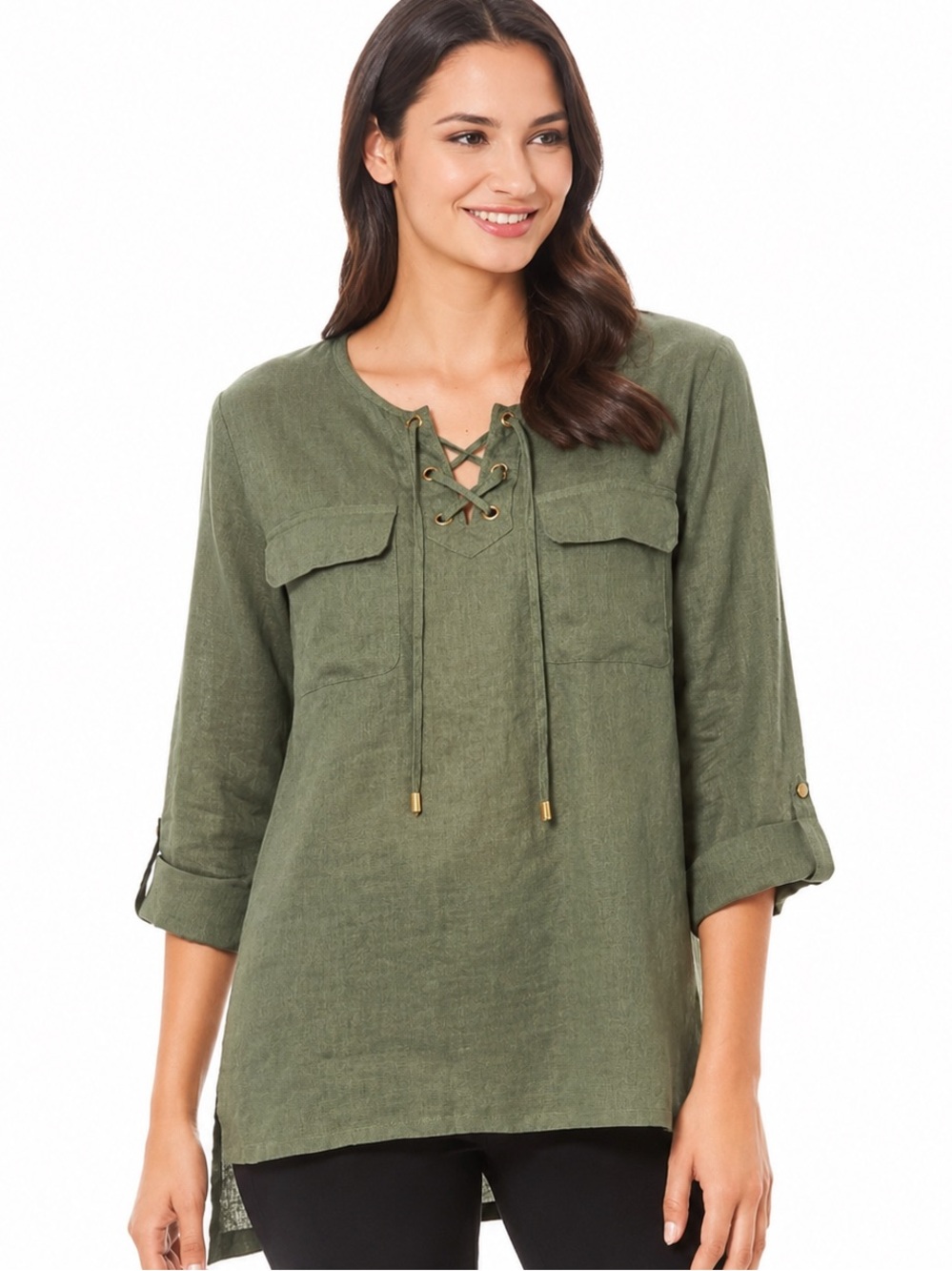 Company Ellen Tracy 100% Linen Lace Up Tunic Top Olive Green Size L NWT
